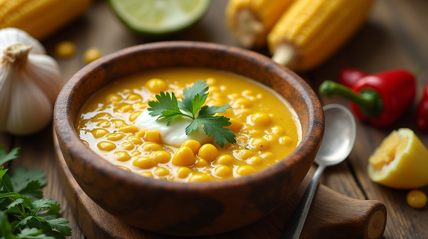 Delicious bowl of El Salvadoran corn soup, also known as Sopa de Elote, made with fresh corn, milk, and traditional spices, served as a comforting meal.