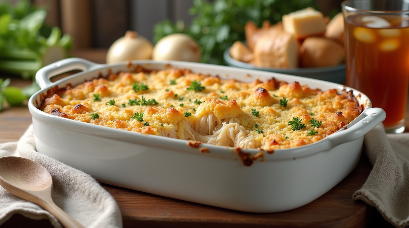 A golden-brown chicken dressing casserole topped with melted cheese, baked to perfection and served in a white casserole dish with a side of vegetables