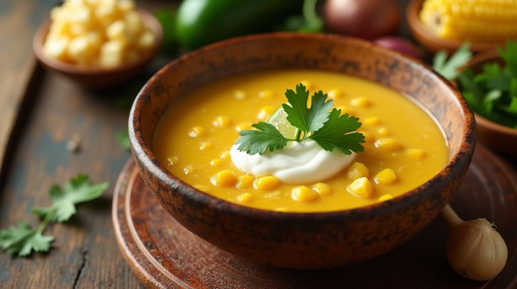 Delicious bowl of El Salvadoran corn soup, also known as Sopa de Elote, made with fresh corn, milk, and traditional spices, served as a comforting meal.